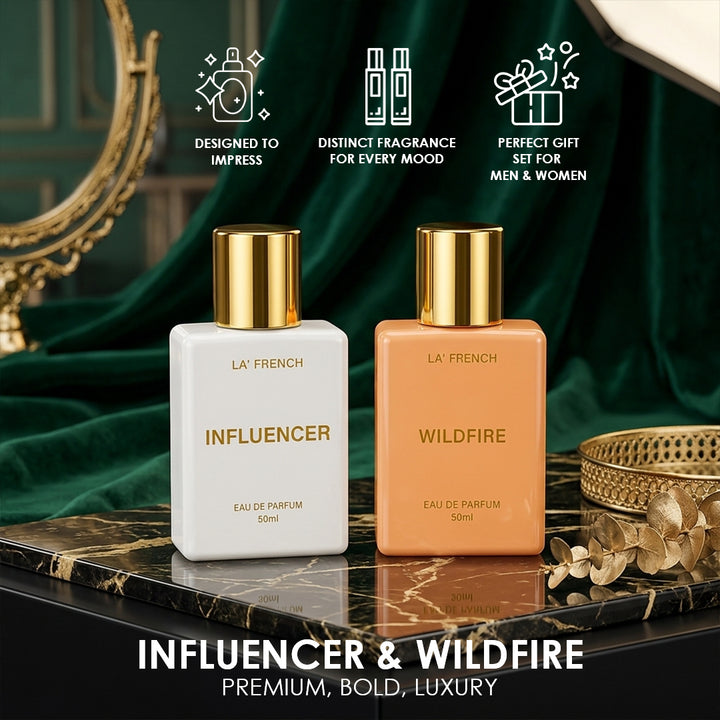 Influencer & Wildfire Eau De Parfum Combo 50ml| Long Lasting Luxury Perfume Set For Men & Women