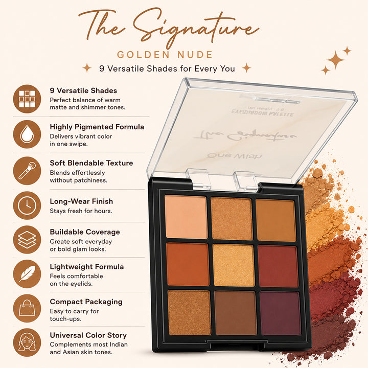 One Wish Golden Nude Eyeshadow Palette 9g | 9 in 1 Richly Pigmented Matte & Shimmer Nude Eye Colors | Smooth, Blending & Long-Wearing Eye Makeup Palette | Lightweight Formula | Compact Makeup Palette For Women