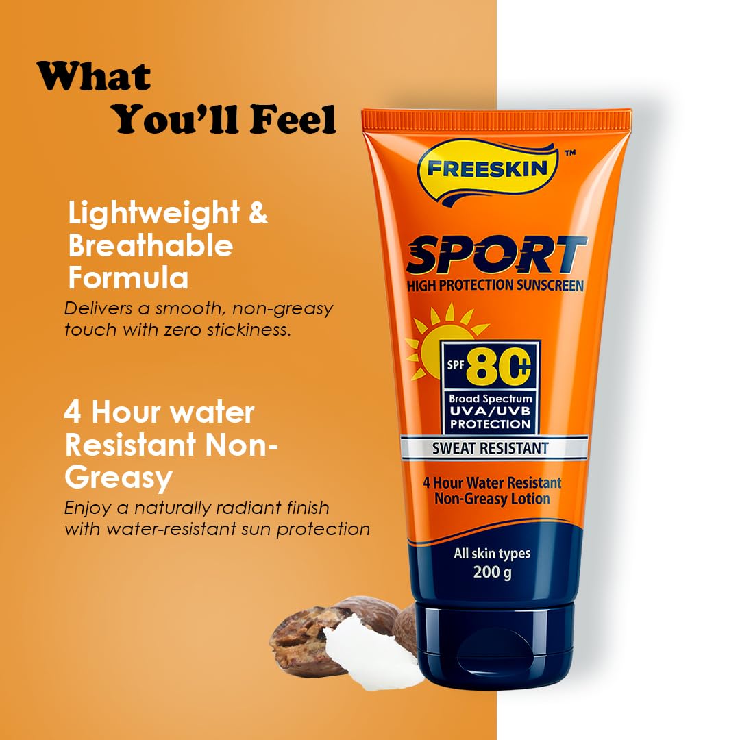Sunscreen SPF 80+ PA+++ Sport 200g | High Protection Broad Spectrum Sunscreen | Vitamin C & Niacinamide Brightening, Hydrating & Non-Greasy Sunblock