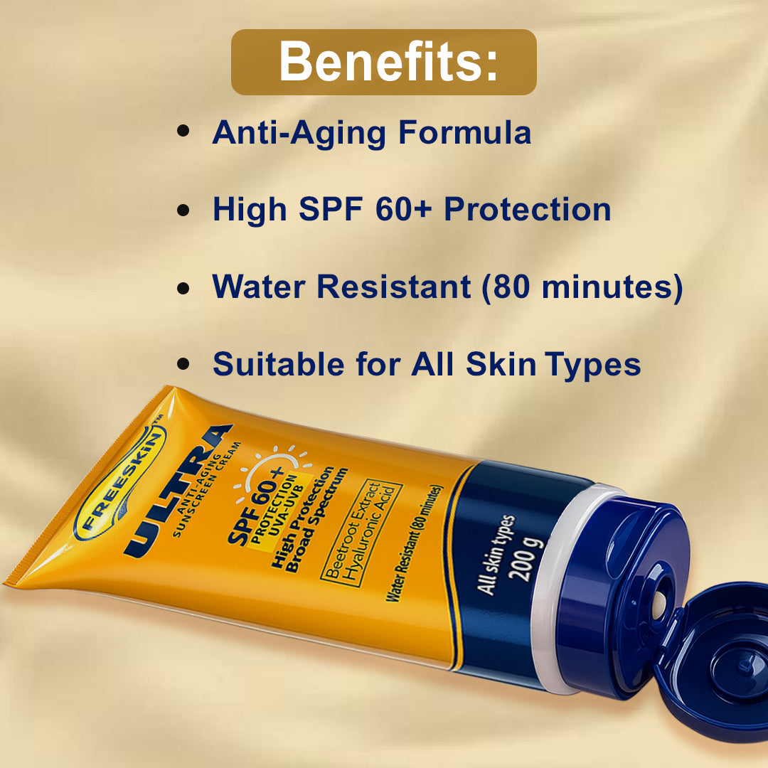 Sunscreen Cream Ultra Anti-Aging SPF 60+ 200g | Broad Spectrum UVA/UVB Protection | Hydrating, Brightening & Wrinkle Care Sunscreen with Hyaluronic Acid