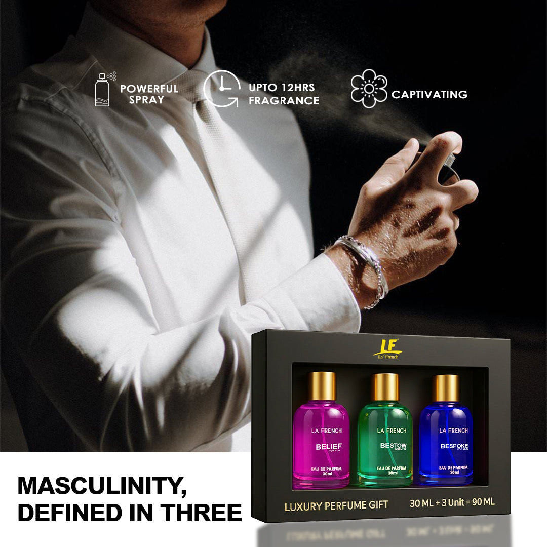 Man Perfume Gift Set 3 x 30 ml for Men | with Belief Bestow Bespoke Perfume | Woody, Citrusy Long Lasting EDP Fragrance Scent Best Gift Hamper Set for Men