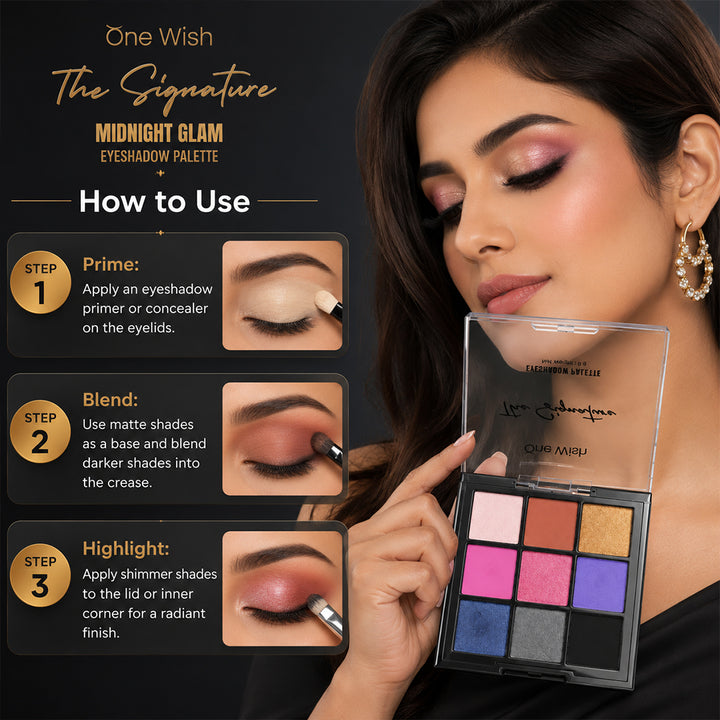 One Wish The Signature Midnight Glam Eyeshadow Palette - 9g / 9 in 1 High Pigment Matte & Shimmer Eyeshadow Palettes | Smooth & Blendable Eye Makeup Palette | Bold & Smokey Eye Makeup Palette for Women