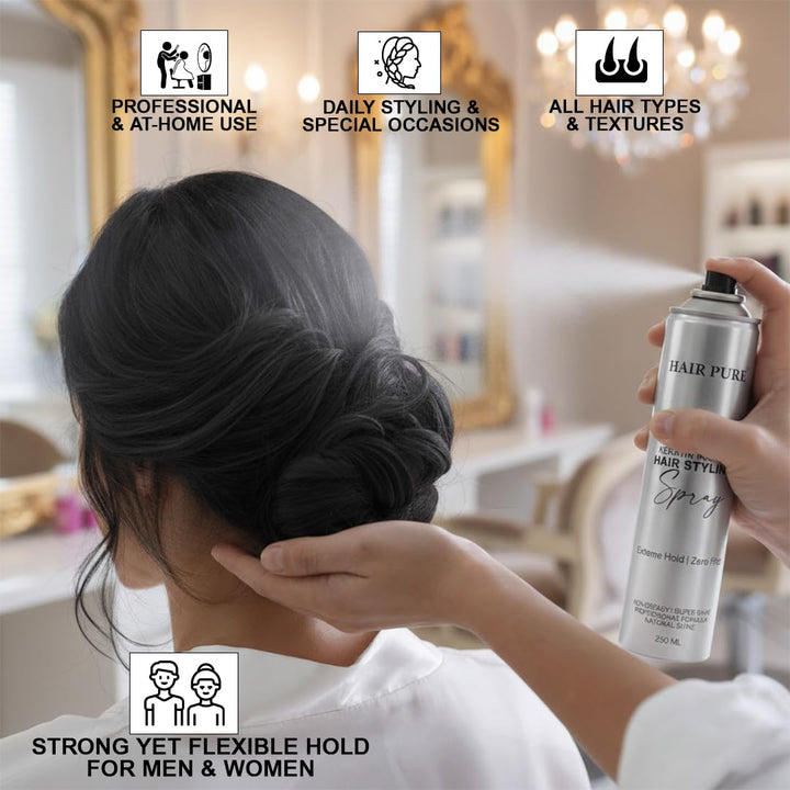 Keratin Infused Hair Styling Spray 250ml | Extreme Hold, Anti-Frizz & Natural Shine Finish | Non-Greasy Hair Styling Spray for All Hair Types – 250 ml