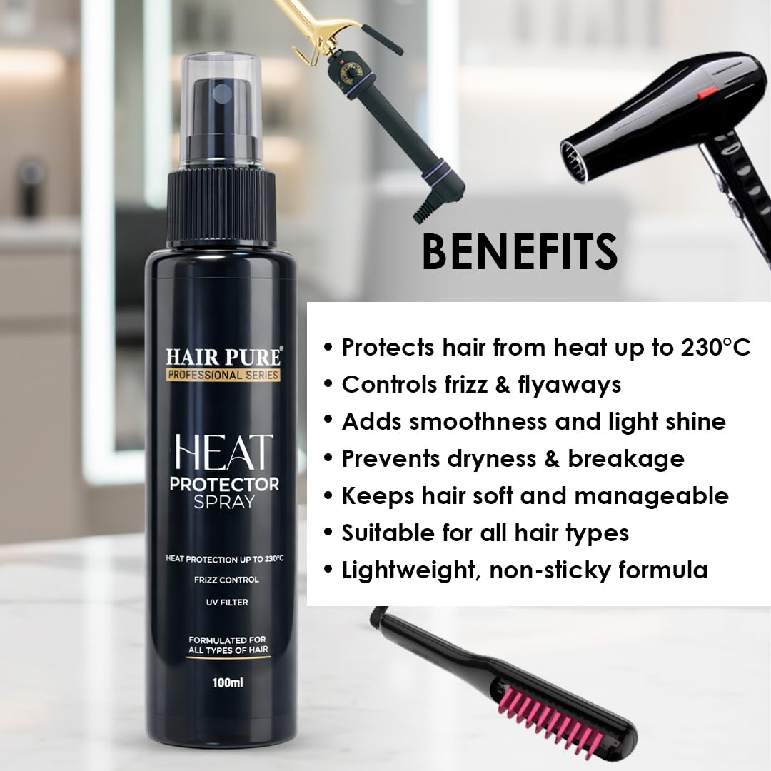 Heat Protector Spray 100ml | Heat Protection Spray Up to 230°C | Controls Frizz & Prevents Hair Damage | Lightweight Non-Sticky Formula for All Hair Types