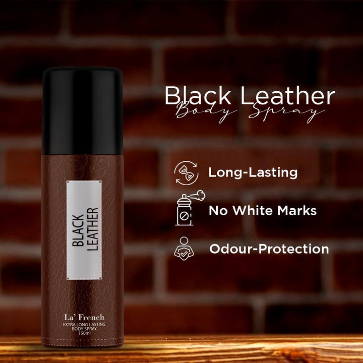 Black Leather Deodorant 150ml For Men | Long Lasting Deodorant Spray | 24 Hours Odor Protection | Fresh Amber Woody and Musky Fragrance | All Day Freshness | Body Spray For Men