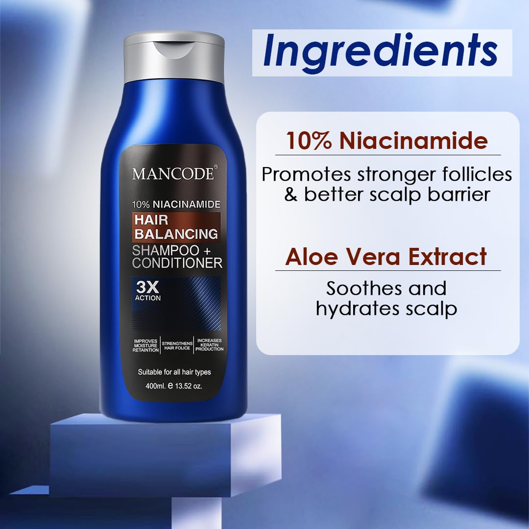 Hair Balancing Shampoo + Conditioner 400ml – 2-in-1 Formula with 10% Niacinamide for Oily Scalp Control, Dandruff Reduction & Stronger Hair