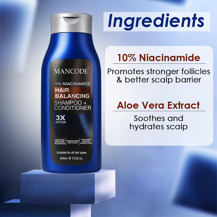 Hair Balancing Shampoo + Conditioner 400ml – 2-in-1 Formula with 10% Niacinamide for Oily Scalp Control, Dandruff Reduction & Stronger Hair