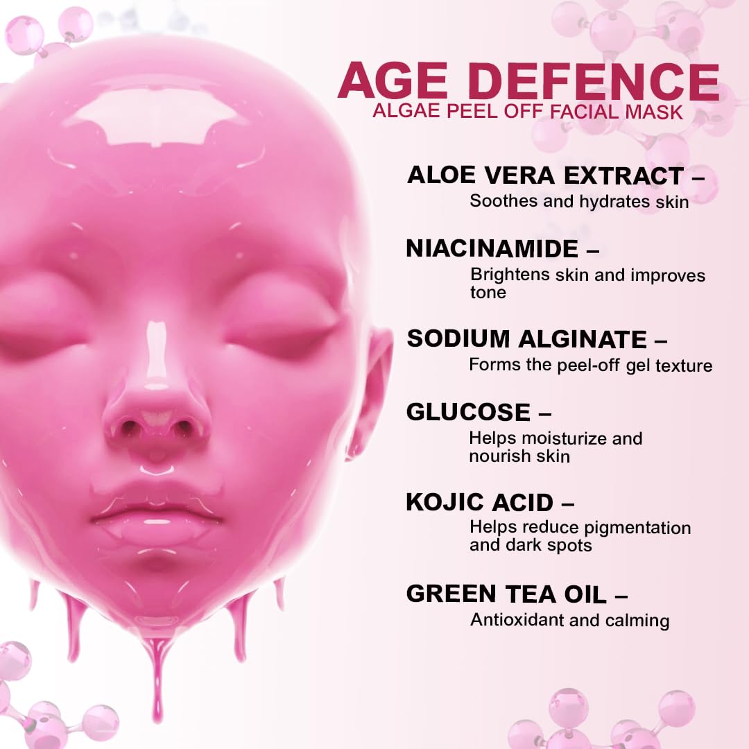Age Defence Algae Peel-Off Mask Kit for All Skin Types | Professional Facial Treatment | Hydrating &Nourishing Skin Care | Powder 25g + Gel 75ml