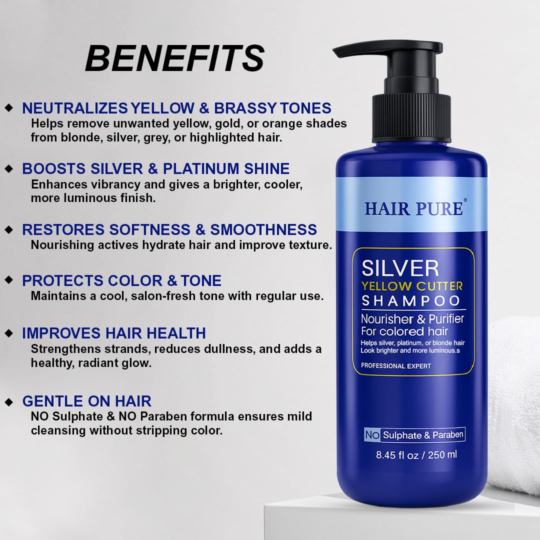 Silver Yellow Cutter Shampoo 250ml | Neutralizes Yellow & Brassy Tones | Brightens Silver, Blonde & Platinum Hair | Sulphate & Paraben Free Professional Shampoo