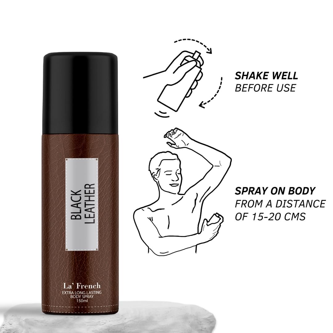 Black Leather Deodorant 150ml For Men | Long Lasting Deodorant Spray | 24 Hours Odor Protection | Fresh Amber Woody and Musky Fragrance | All Day Freshness | Body Spray For Men