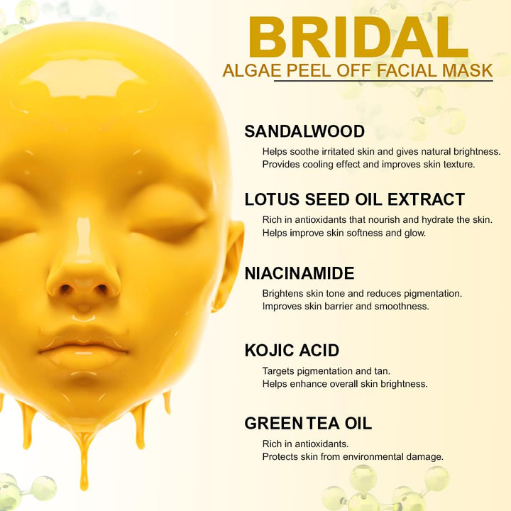 Bridal Algae Peel-Off Mask Kit for All Skin Types | Instant Bridal Glow | Targets Pigmentation &amp; Tan Removal | Professional Facial Treatment | Powder 25g + Gel 75ml
