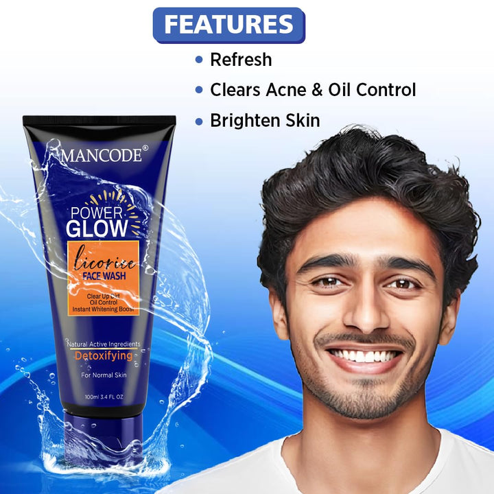 Power Glow Licorice Face Wash 100ml for Men | Instant Brightening & Oil Control Face Wash | Deep Cleansing Cleanser for All Skin Types