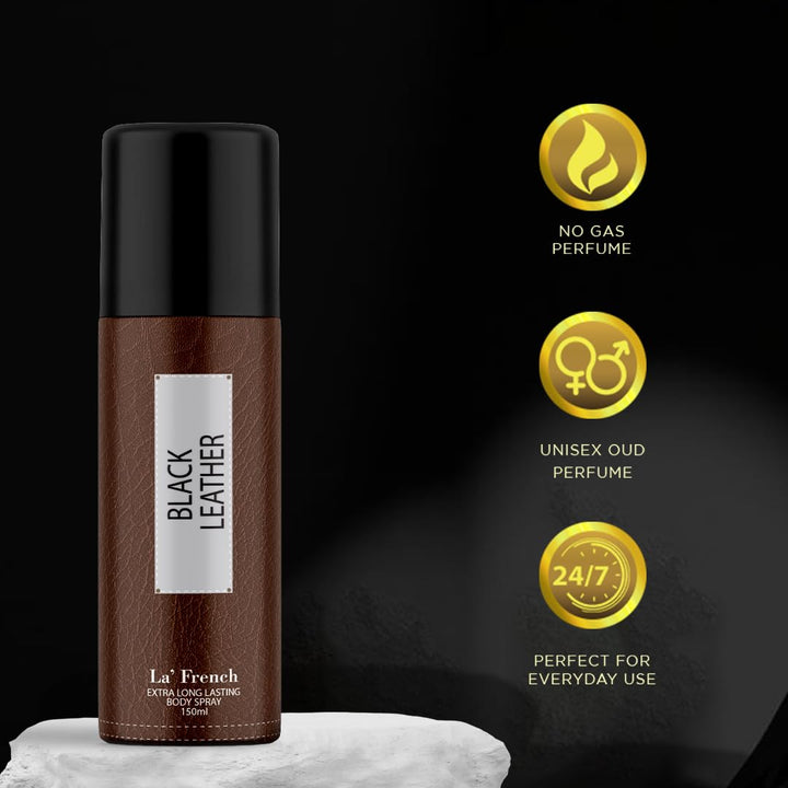 Black Leather Deodorant 150ml For Men | Long Lasting Deodorant Spray | 24 Hours Odor Protection | Fresh Amber Woody and Musky Fragrance | All Day Freshness | Body Spray For Men