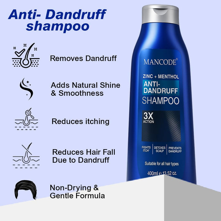 Anti-Dandruff Shampoo (400ml) | Zinc Pyrithione & Menthol Cooling Formula for Men – Fights Dandruff, Cleanses Scalp & Strengthens Hair