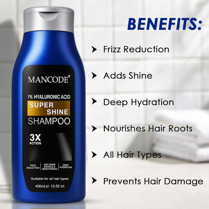 Super Shine Shampoo (400ml) | 1% Hyaluronic Acid Hydrating Shampoo for Men – Shine, Strength & Repair for Dull Hair