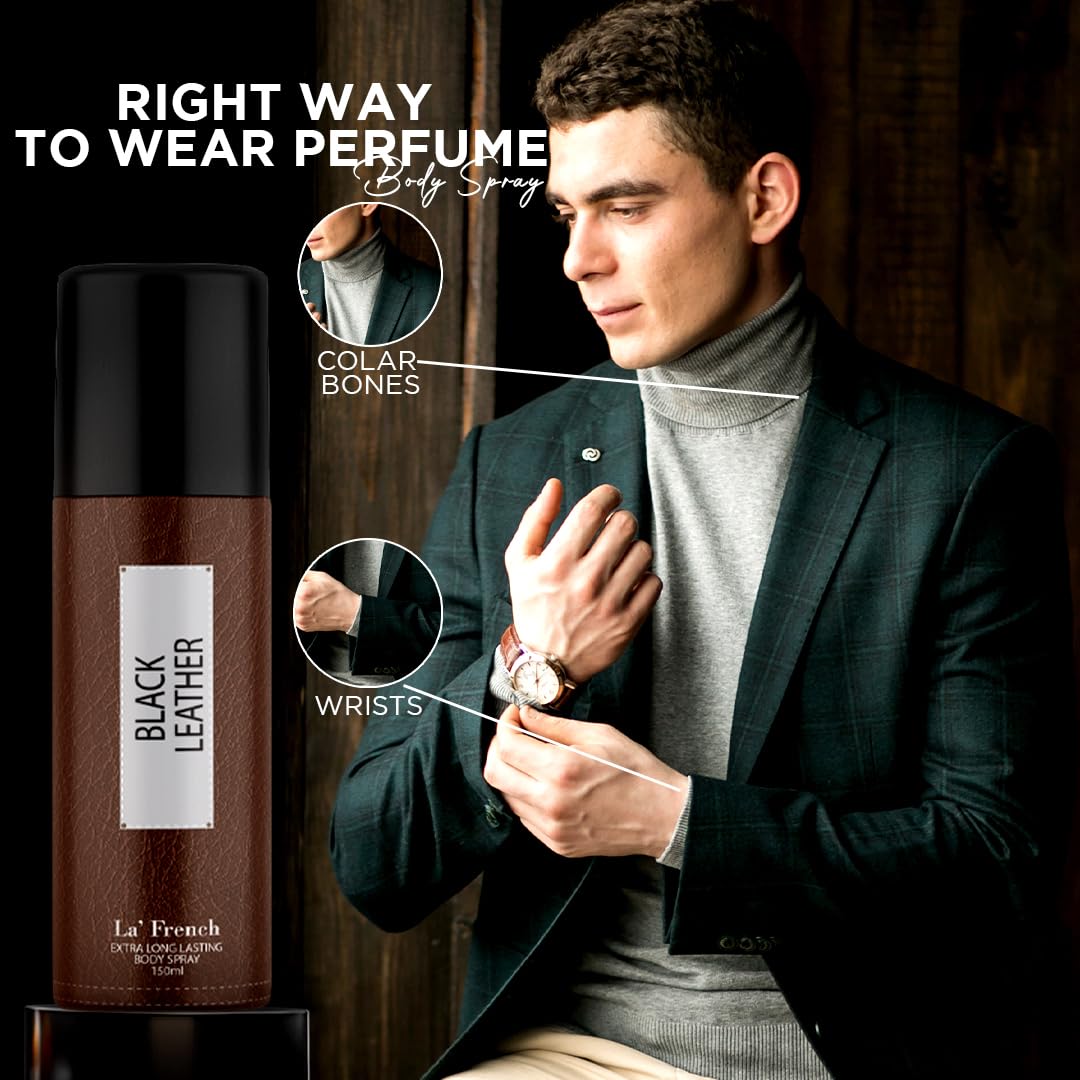 Black Leather Deodorant 150ml For Men | Long Lasting Deodorant Spray | 24 Hours Odor Protection | Fresh Amber Woody and Musky Fragrance | All Day Freshness | Body Spray For Men
