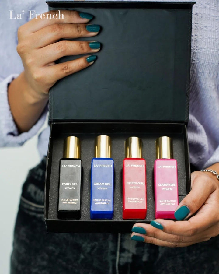 Sassy Luxury Perfume Gift Set for Women – Set of 4 Mini Perfumes (20ml Each) | Long-Lasting & Luxurious Fragrances | Premium Combo Gift Set for Girls & Women | Perfect for Gifting & Everyday Elegance