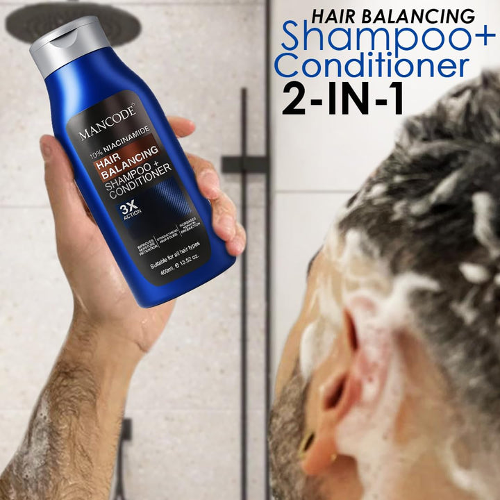 Hair Balancing Shampoo + Conditioner 400ml – 2-in-1 Formula with 10% Niacinamide for Oily Scalp Control, Dandruff Reduction & Stronger Hair