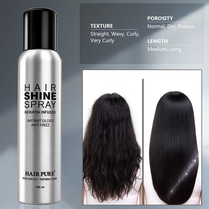 Hair Shine Spray Keratin Infused 200ml | Instant Gloss & Anti-Frizz Hair Spray | Non-Greasy Natural Shine Finish | Smooth & Silky Hair Styling Spray – 200 ml