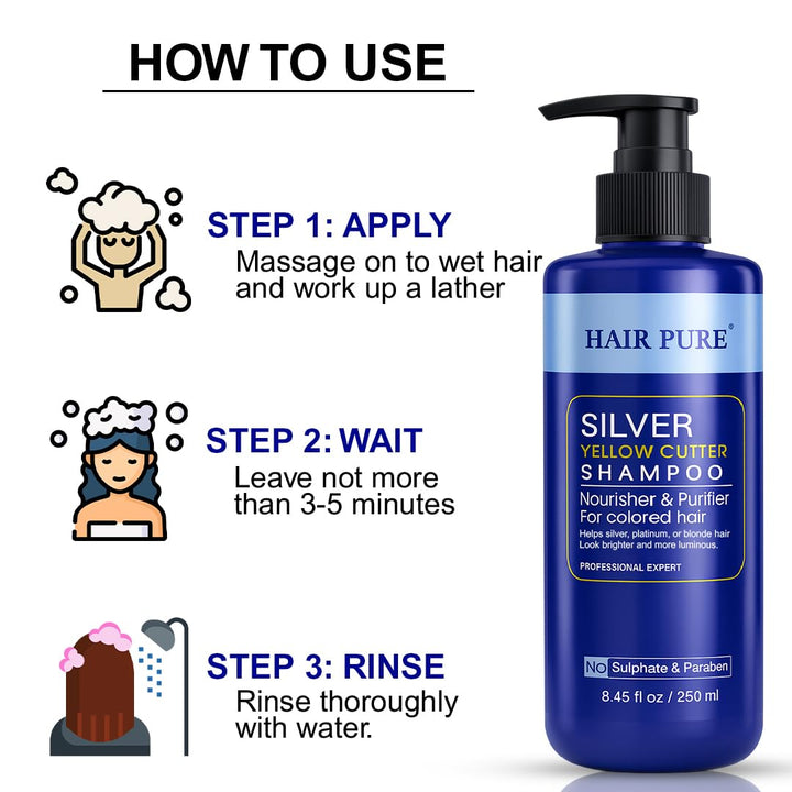 Silver Yellow Cutter Shampoo 250ml | Neutralizes Yellow & Brassy Tones | Brightens Silver, Blonde & Platinum Hair | Sulphate & Paraben Free Professional Shampoo