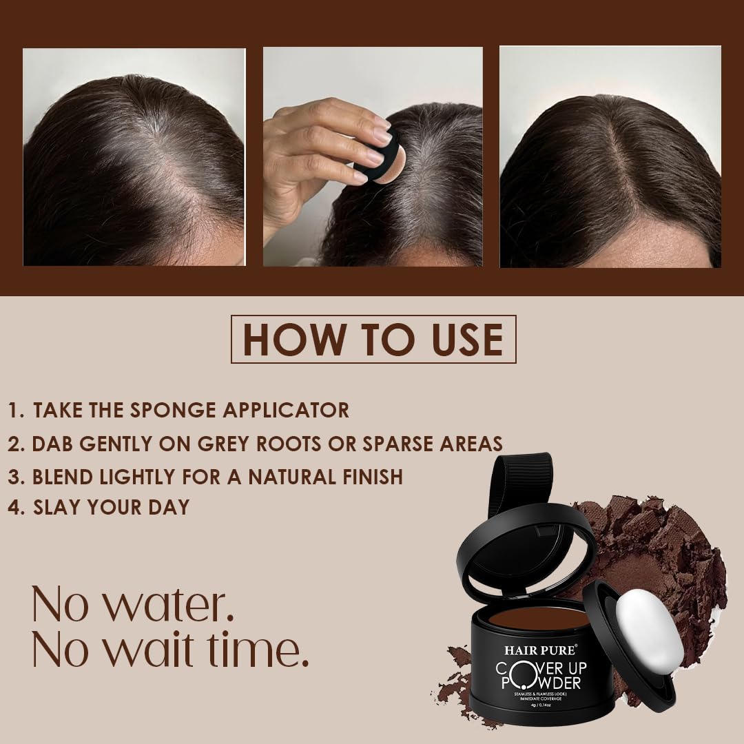 Hair Pure Cover-Up Hair Powder Brown 4g – Instant Grey Root & Bald Spot Coverage, Natural Hair Thickening & Volume Powder