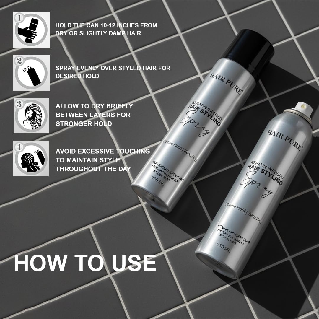 Keratin Infused Hair Styling Spray 250ml | Extreme Hold, Anti-Frizz & Natural Shine Finish | Non-Greasy Hair Styling Spray for All Hair Types – 250 ml
