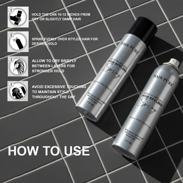 Keratin Infused Hair Styling Spray 250ml | Extreme Hold, Anti-Frizz & Natural Shine Finish | Non-Greasy Hair Styling Spray for All Hair Types – 250 ml