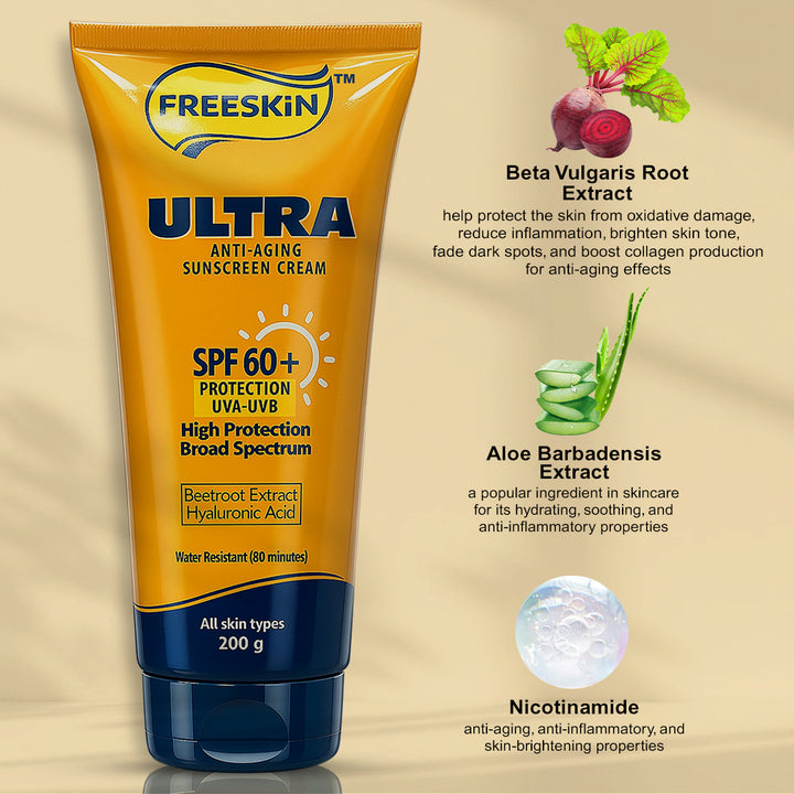 Sunscreen Cream Ultra Anti-Aging SPF 60+ 200g | Broad Spectrum UVA/UVB Protection | Hydrating, Brightening & Wrinkle Care Sunscreen with Hyaluronic Acid