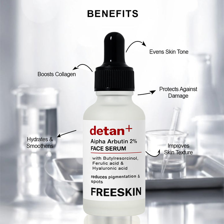 De-Tan Face Serum (30ml) | 2% Alpha Arbutin Brightening & Tan Removal Serum with Hyaluronic Acid for Even Skin Tone
