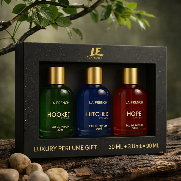 Perfume Gift Set for Men 3x30 ML Hooked Hope Hitched Best Gift Hamper Perfume | Long Lasting | Citrus Spicy &amp; Musky Fragrance | Date night fragrance | Best Gift Set For Men