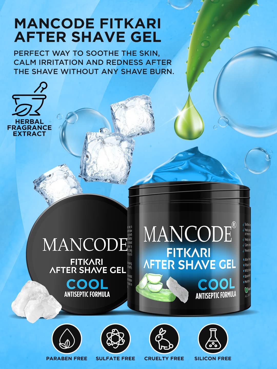 Fitkari After Shave Gel Cool 100ml for Men | Aloe Vera & Menthol Soothing After Shave Gel | Anti-Razor Bumps & Skin Cooling Gel
