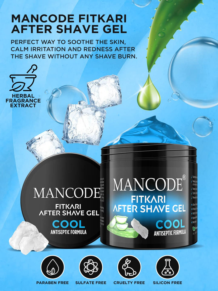 Fitkari After Shave Gel Cool 100ml for Men | Aloe Vera & Menthol Soothing After Shave Gel | Anti-Razor Bumps & Skin Cooling Gel