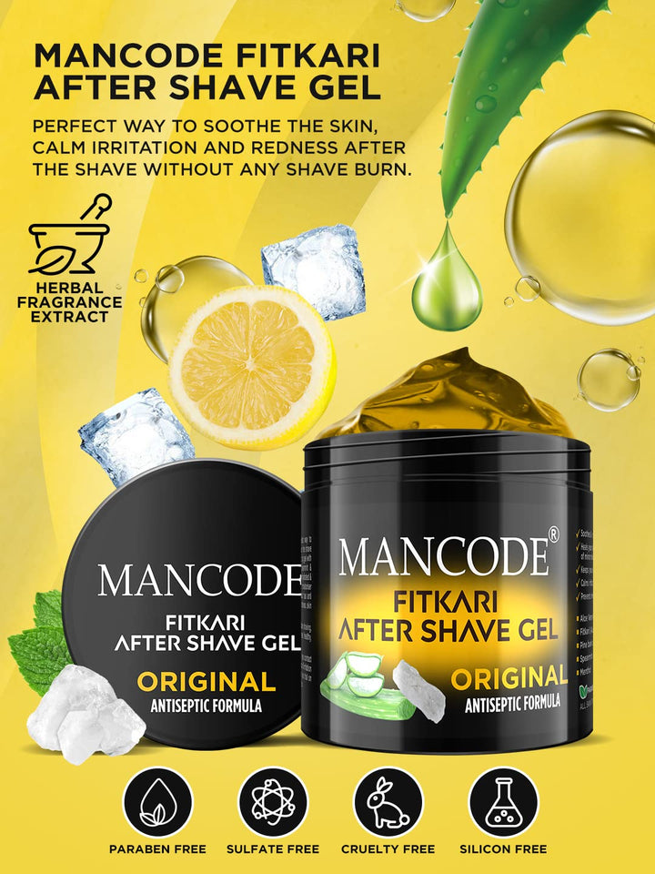 Fitkari After Shaving Gel Original 100gm | Aloe Vera & Pine Bark Soothing After Shave Gel | Anti-Razor Bumps Cooling Skin Repair Gel for Men