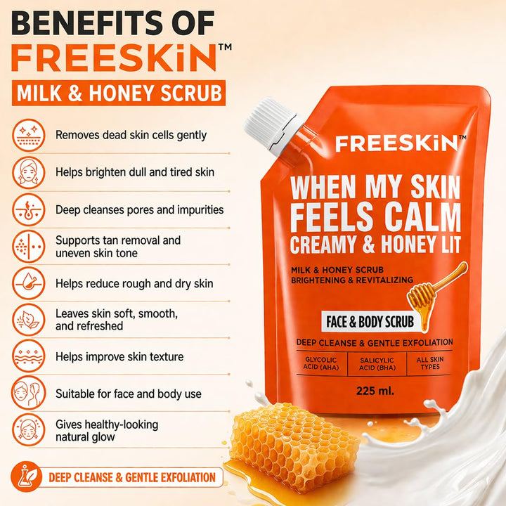 Milk & Honey Face & Body Scrub 225ml |Glycolic Acid & Salicylic Acid