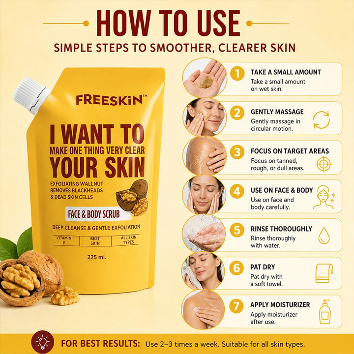 Walnut Face & Body Scrub 225ml | Exfoliating Scrub with Vitamin E for Deep Cleansing, Blackhead Removal & Glowing Skin