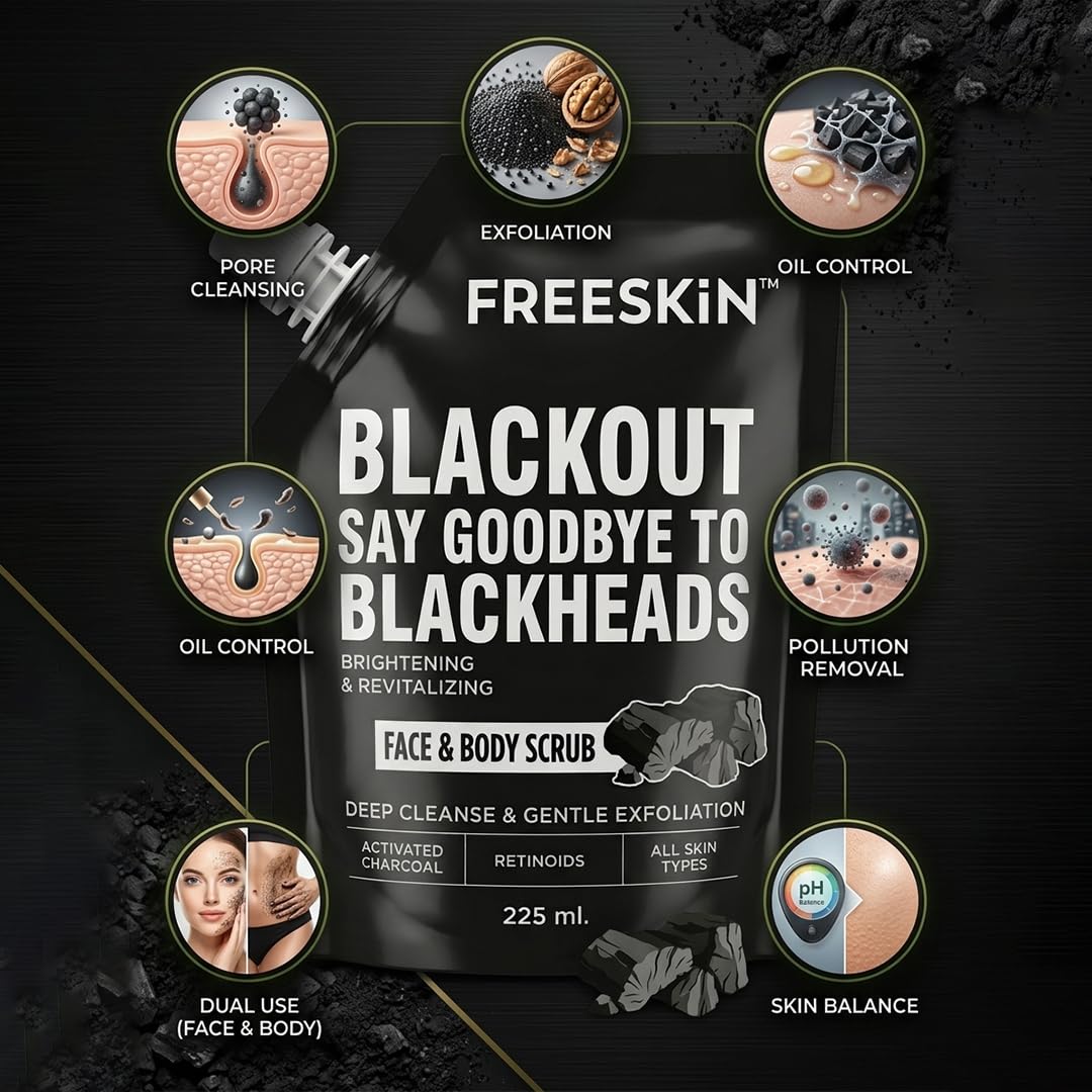 Activated Charcoal Face & Body Scrub 225ml | Deep Cleansing & Blackhead Removal Scrub