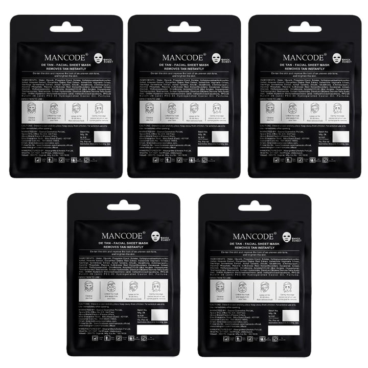 De Tan Facial Sheet Mask 25ml Combo Pack of 5 | Instant Tan Removal