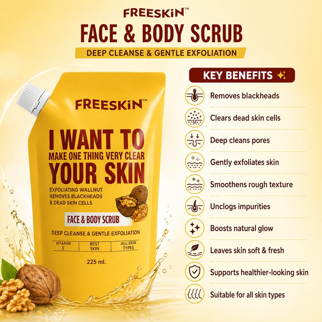 Walnut Face & Body Scrub 225ml | Exfoliating Scrub with Vitamin E for Deep Cleansing, Blackhead Removal & Glowing Skin