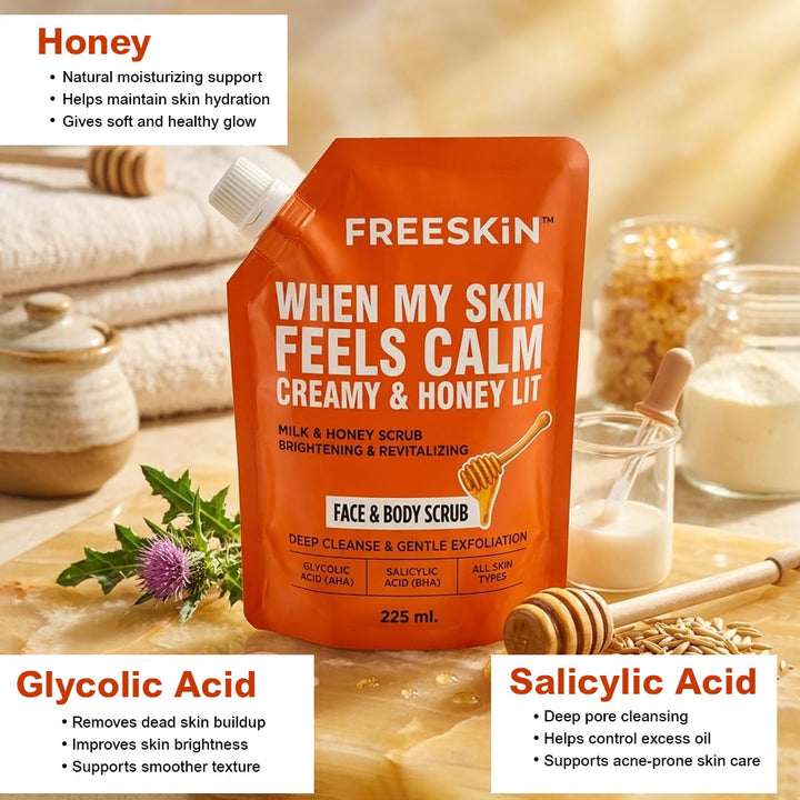 Milk & Honey Face & Body Scrub 225ml |Glycolic Acid & Salicylic Acid