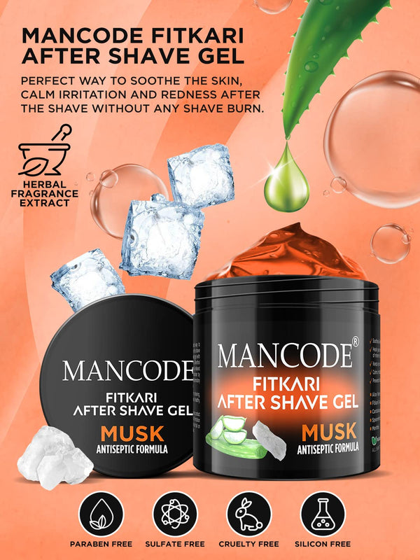 Fitkari After Shaving Gel Musk 100gm | Aloe Vera & Menthol After Shave Gel for Men | Anti-Razor Burn, Soothing & Skin Protection Gel
