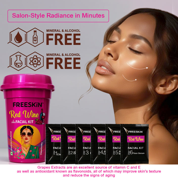 Red Wine Facial Kit 60g | Anti-Aging 6-Step Facial Kit | Firming, Brightening & Wrinkle Care Glow Facial for Youthful Skin