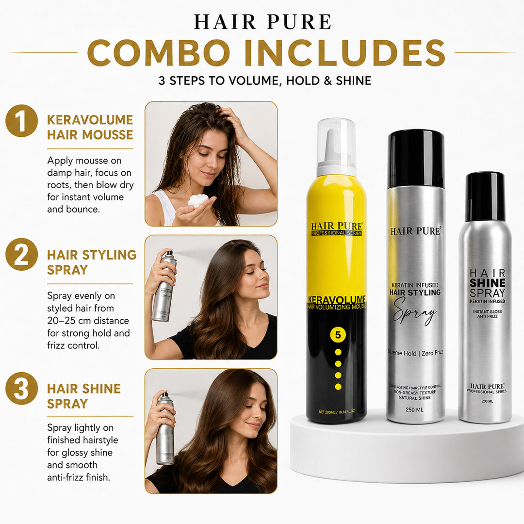 Hair Pure Salon Styling Combo Pack | Keratin Hair Mousse 300ml + Strong Hold Hair Spray 250ml + Instant Shine Spray 200ml | Volume, Hold & Gloss Finish