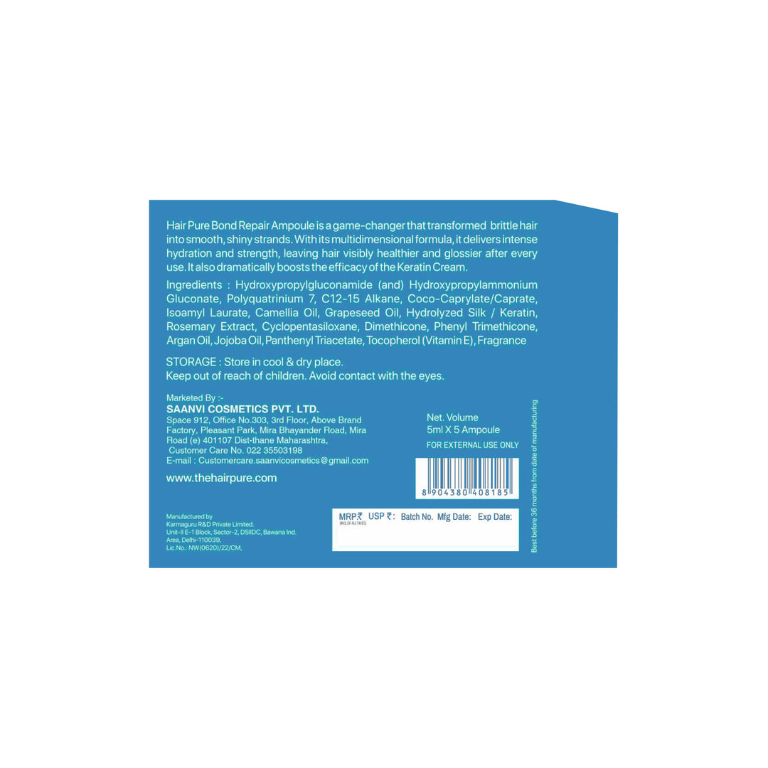 Bond Repair Ampoule 5ml with Hydrolyzed Keratin and Intensive Hair Repair Treatment for Damaged, Weak & Frizzy Hair