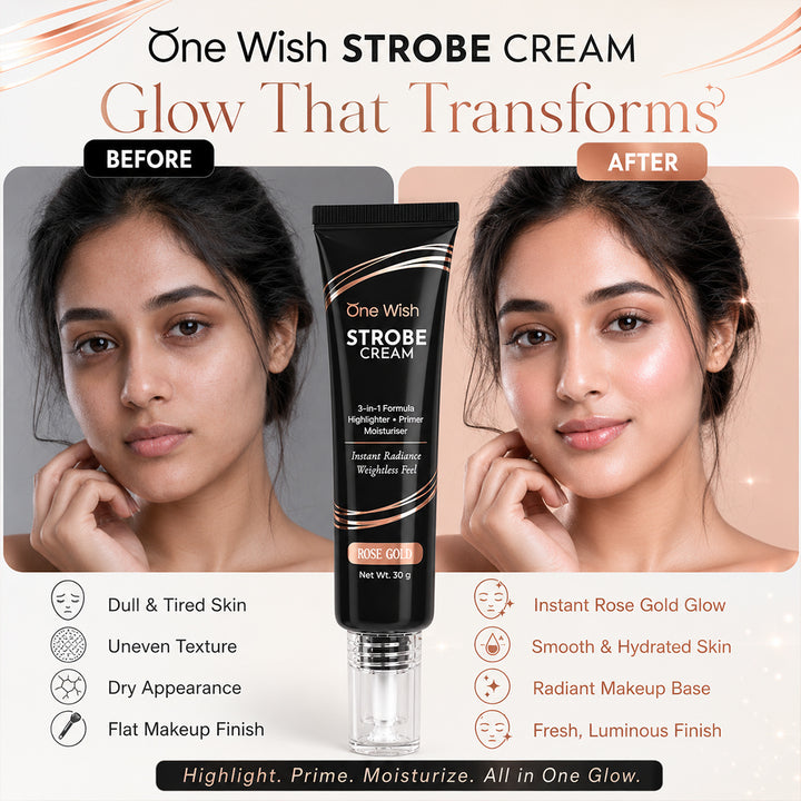 One Wish Strobe Cream Rose Gold, 30g | 3-in-1 Primer, Highlighter & Moisturizer | Illuminating Makeup Base for Instant Dewy Glow