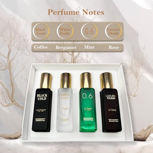 Classic Perfume Gift Set 4x20ml | Long Lasting Mini Perfume Set for Men & Women | Black Gold, White Gold, 0.6, Luxure Oudh | Luxury Fragrance Combo Pack