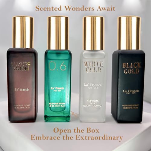 Classic Perfume Gift Set 4x20ml | Long Lasting Mini Perfume Set for Men & Women | Black Gold, White Gold, 0.6, Luxure Oudh | Luxury Fragrance Combo Pack