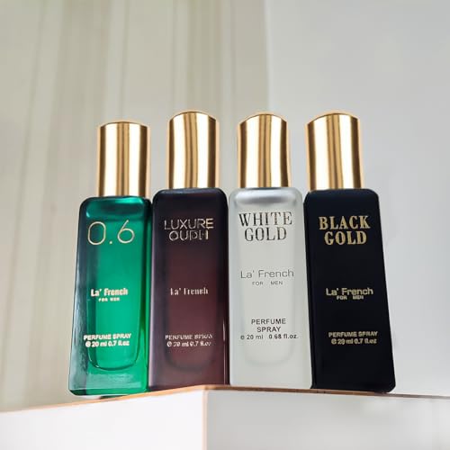 Classic Perfume Gift Set 4x20ml | Long Lasting Mini Perfume Set for Men & Women | Black Gold, White Gold, 0.6, Luxure Oudh | Luxury Fragrance Combo Pack