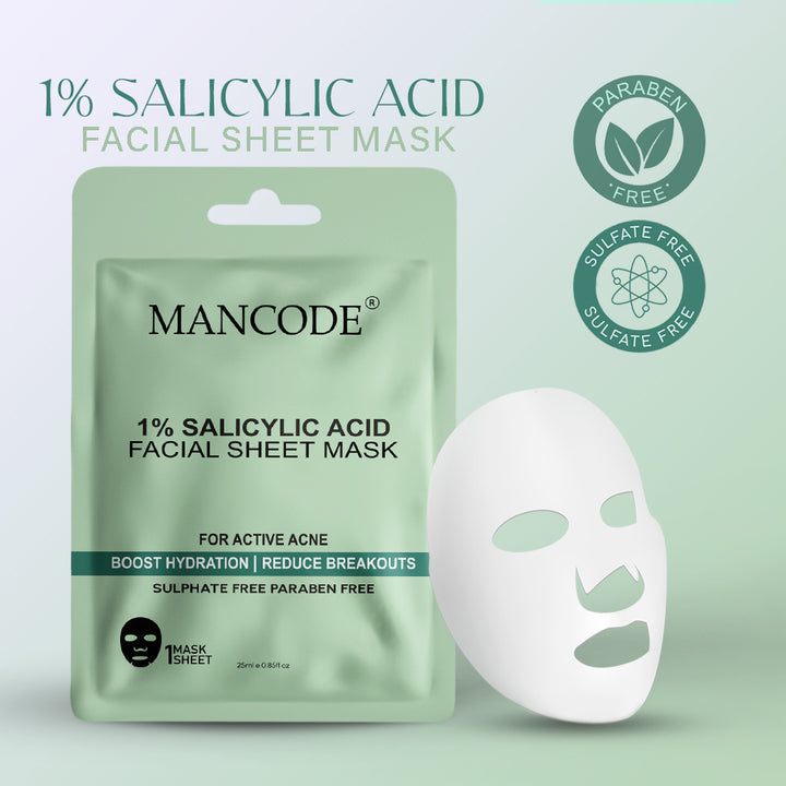 1% Salicylic Acid Facial Sheet Mask Pack of 3 | Acne Control, Pore Cleansing & Oil Balancing Face Masks