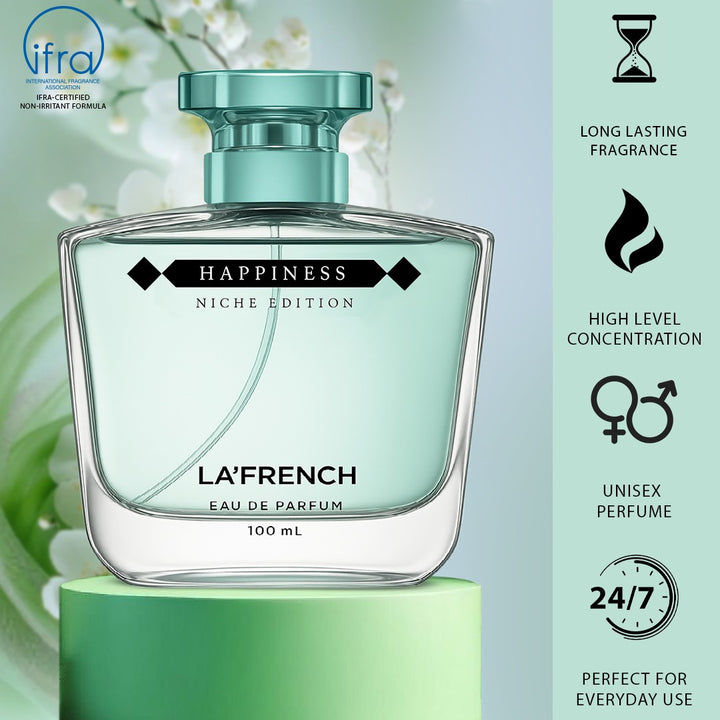 Happiness Perfume for Men & Women 100ml | Long Lasting Fresh Fruity Floral Fragrance | Premium Unisex Eau De Parfum | Uplifting & Joyful Scent