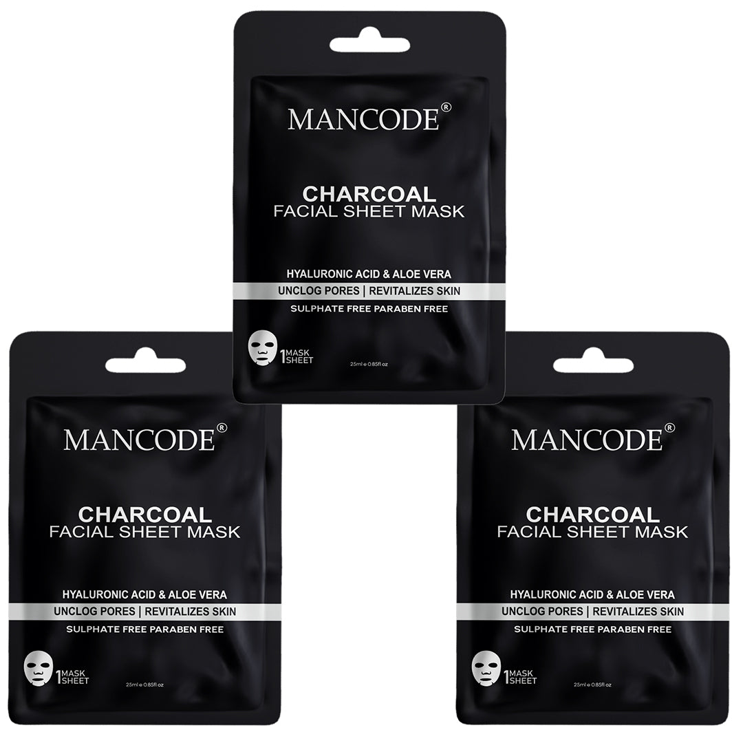 Charcoal Facial Sheet Mask Pack of 3 | Deep Detox, Pore Cleansing & Oil Control Face Masks
